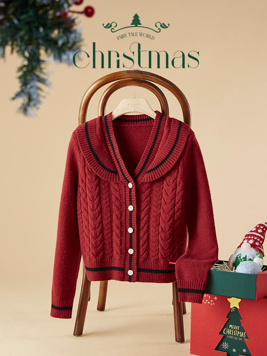 【专属特价】熙世界复古红色毛衣开衫短款荷叶边V领针织衫外套 商品图2