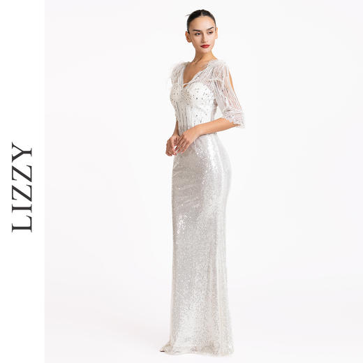 LIZZY优雅轻奢修身显瘦立体鸵鸟毛钉珠鱼尾派对礼服宴会婚庆长款连衣裙7190 商品图2