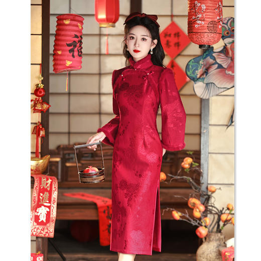 复合蕾丝红色倒大袖旗袍冬款改良新中式少女婚宴加绒旗袍GX319842 商品图3