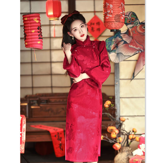 复合蕾丝红色倒大袖旗袍冬款改良新中式少女婚宴加绒旗袍GX319842 商品图2