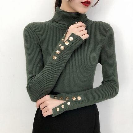 【2023上新长袖内搭打底衫】秋冬高领针织衫毛衣女套头 修身显瘦针织衫上衣 袖口纽扣设计 时尚显气质显身材 商品图4