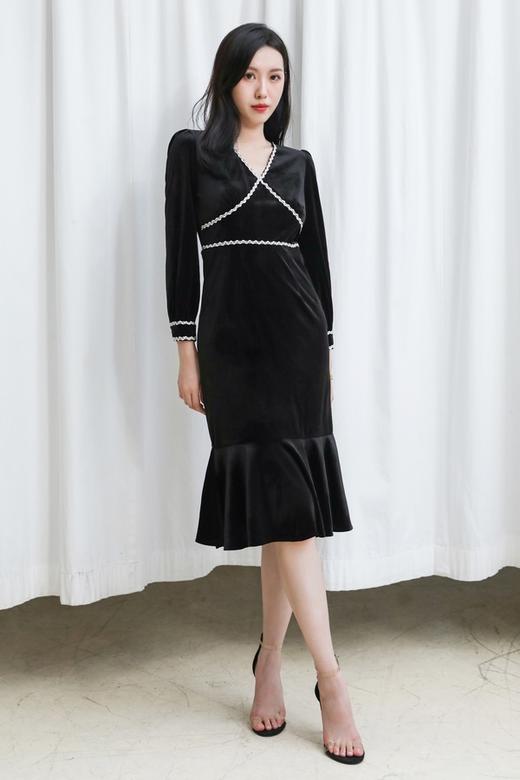 ELLA JADE 高端丝绒撞色花边V领连衣裙 13807 商品图1