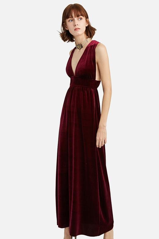 NECESSARY OBJECTS 酒红色丝绒长款连衣裙 13666 商品图3