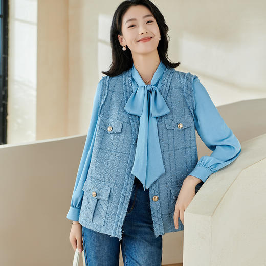 米思阳2026春季新款小香风时尚格纹马夹宽松v领无袖保暖上衣0100 商品图1