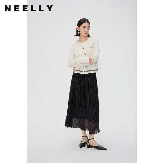 NEELLY纳俪商场同款春季飘逸垂感百褶裙女黑色气质轻盈长款半身裙N24011E01014 商品图1