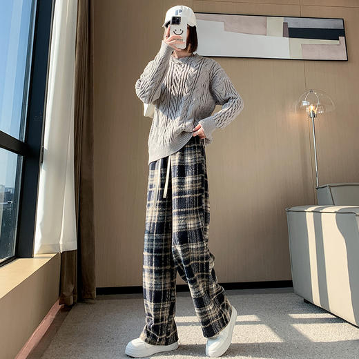 【复古毛呢格子裤】红色格子裤女秋冬高腰垂感外穿棉裤直筒休闲裤加绒阔腿裤 商品图2