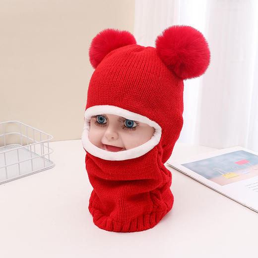 儿童双球毛线套头帽秋冬季男女童可爱护脸耳连体帽宝宝保暖风雪帽 商品图9