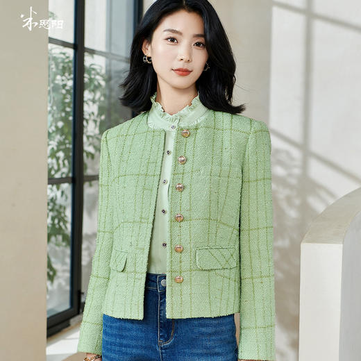 米思阳2026春季新款精致小香风格纹短外套单排扣保暖显白上衣0101 商品图0