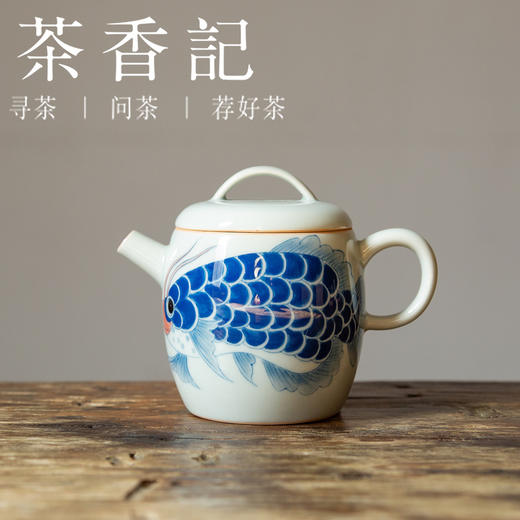 茶香记 手绘龙鱼得宜鼓型壶瓷壶160ml国潮手绘泡茶壶青花功夫茶具 商品图0