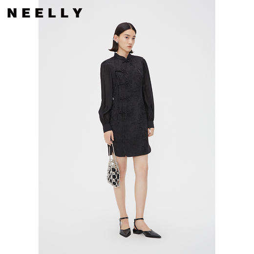 NEELLY纳俪商场同款春季新中式连衣裙女黑色显瘦国风立领盘扣裙子N24011Y01013 商品图1