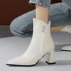 OLD-898-68冬季新款粗跟短靴女米白绒里尖头女靴珍珠粗跟高跟靴子女靴 商品缩略图2