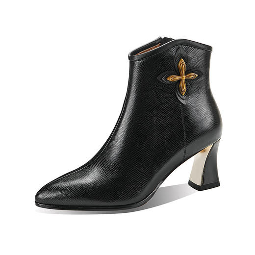 OLD-832-D199黑色新款尖头水钻粗跟短靴中跟时尚马丁靴秋冬花朵侧拉链时装女靴 商品图4