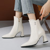 OLD-898-68冬季新款粗跟短靴女米白绒里尖头女靴珍珠粗跟高跟靴子女靴 商品缩略图1