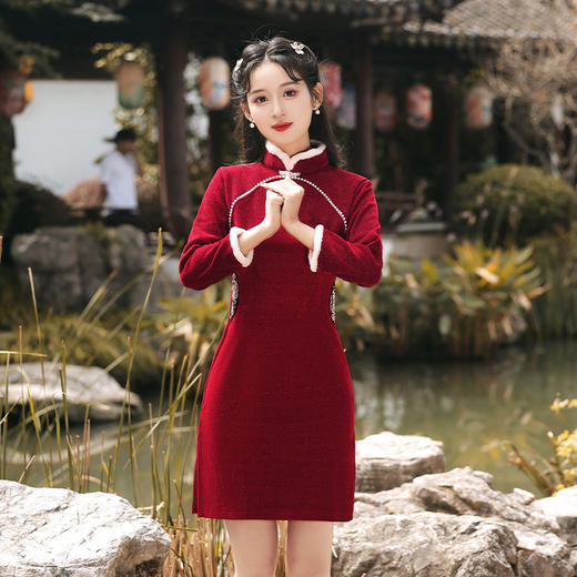 新款冬季加绒雪尼尔女童亲子改良旗袍QJZ873 商品图3