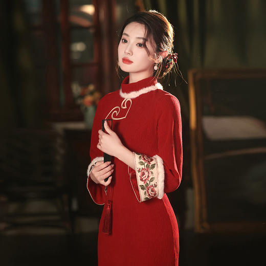 加毛加厚中长款雪尼尔，长命锁爱心领旗袍JQZ-872 商品图3