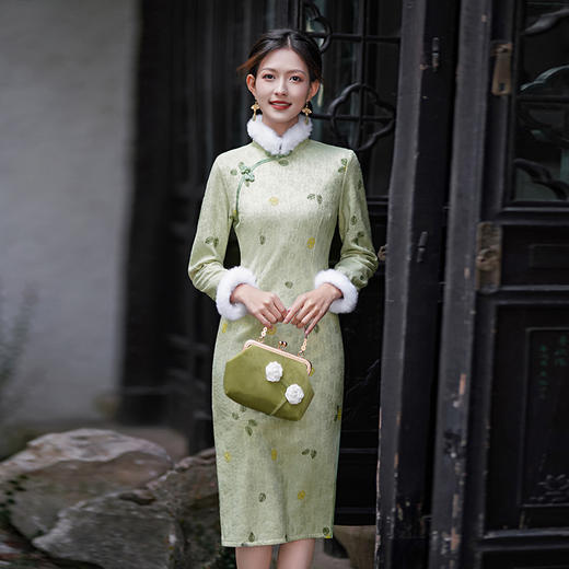 冬季加绒兔毛蕾丝绣花中长款长袖修身日常宴会优雅气质旗袍MLS6295 商品图4