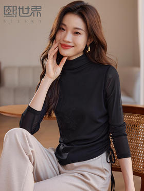 【年终特卖】熙世界国风凤凰刺绣半高领打底衫秋冬内搭双层网纱别致修身上衣