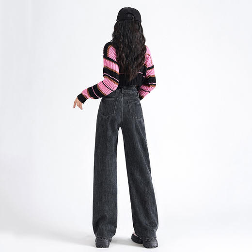 「三色可选！加不加绒两款」双排扣牛仔阔腿裤 加绒牛仔裤女秋冬新款韩版高腰厚款宽松小个子直筒裤下装 商品图3