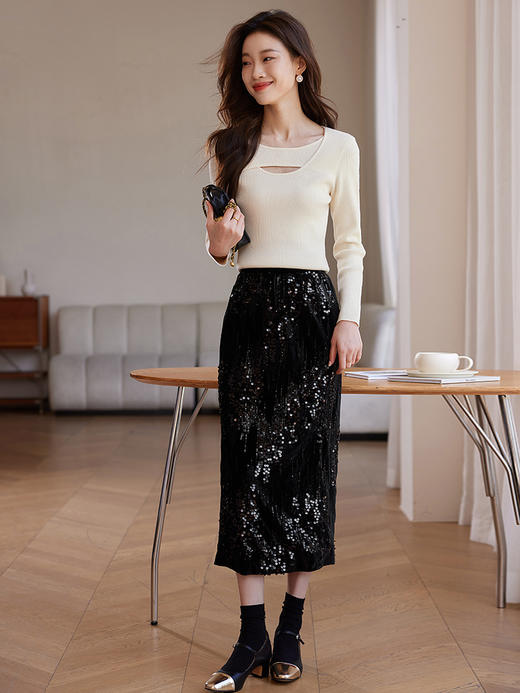 【年货节】熙世界设计感毛衣秋冬2025新款纯色修身显瘦杏色内搭针织打底衫 商品图4