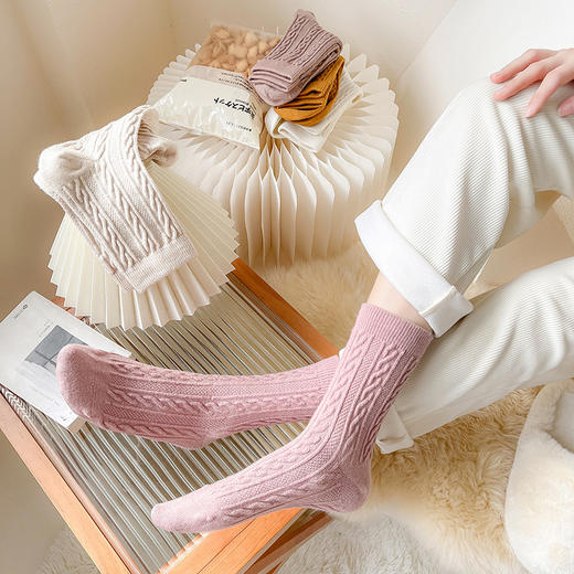 「8双装！保暖羊毛袜」秋冬加厚羊毛袜 麻花保暖中筒袜子女堆堆袜纯色复古新款女袜子配饰 商品图3