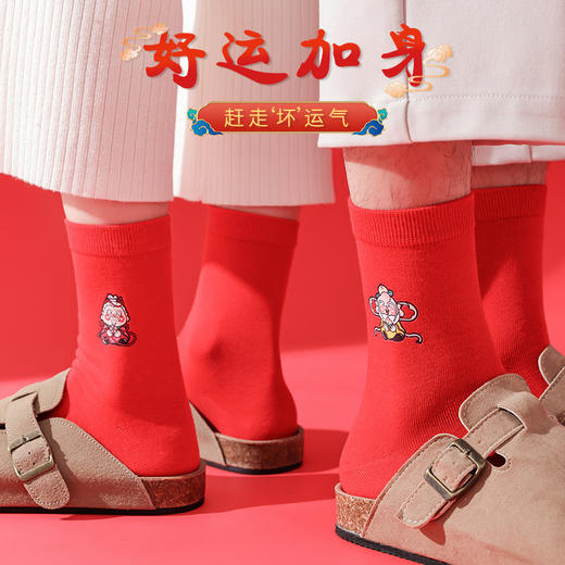 五福临门袜子【龙年刺绣红袜子礼盒装】本命年 男女 双针中筒袜 商品图2