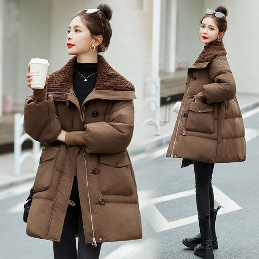 冬季新款，小个子羽绒服女针织大翻领中长款白鸭绒外套HR-XMR2511 商品图0