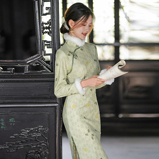 冬季加绒兔毛蕾丝绣花中长款长袖修身日常宴会优雅气质旗袍MLS6295 商品图0