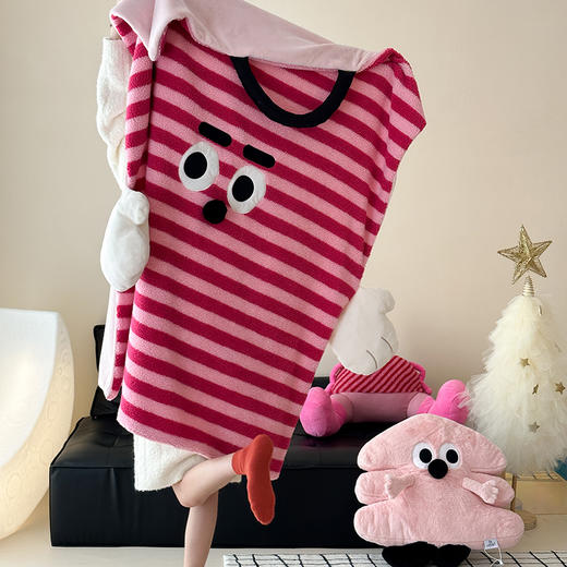 自然醒设计师款ins甜酷条纹牛奶羊羔绒毛毯萌趣卡通冬季加厚少女心披肩盖毯珊瑚绒午休毯MT 商品图0