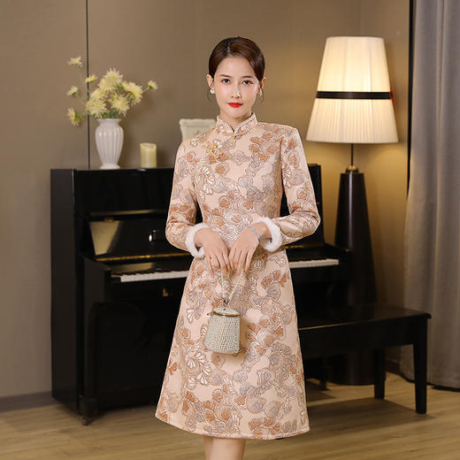 麂皮绒加绒中长款修身旗袍，冬微弹加厚日常甜美可爱少女连衣裙MLS-6298 商品图5