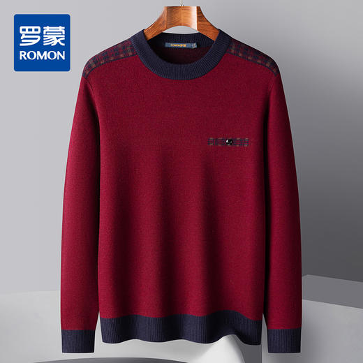 27DKGLB09【100羊毛 格纹肩章】罗蒙秋冬男装羊毛衫男士加厚保暖圆领拼色休闲针织毛衣男 商品图0