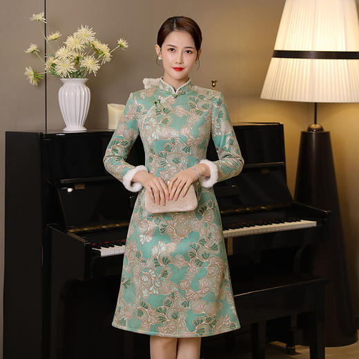 麂皮绒加绒中长款修身旗袍，冬微弹加厚日常甜美可爱少女连衣裙MLS-6298 商品图6