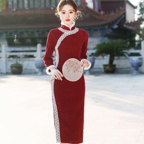 YG-2335复古民国风酒红雪尼尔旗袍2024年冬新款日常可穿气质老上海