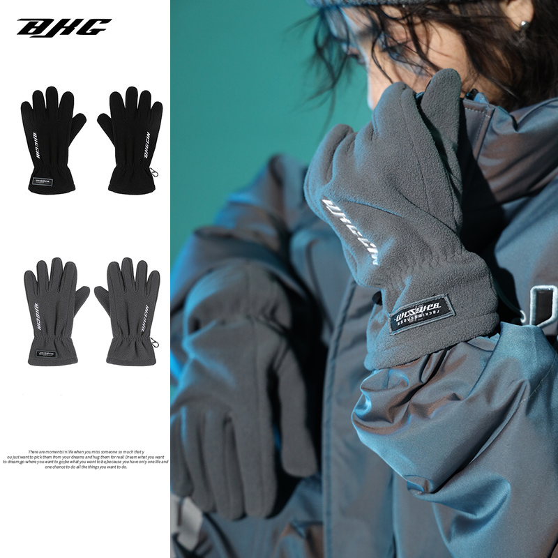 BJHG不计后果新款摇粒绒加厚男士冬季保暖防风刺绣骑行摩托车手套