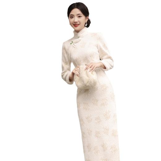 冬季新款，加毛加厚针织雪尼尔侧八扣长款旗袍中国风开衩女旗袍SJT-395 商品图4