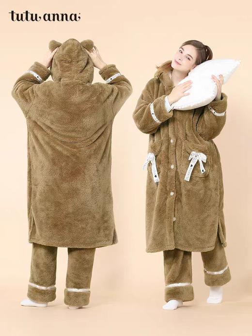 【富临店】tutuanna冬季加厚羊羔绒睡衣 加绒保暖素色小熊连帽睡袍女睡裤 商品图1