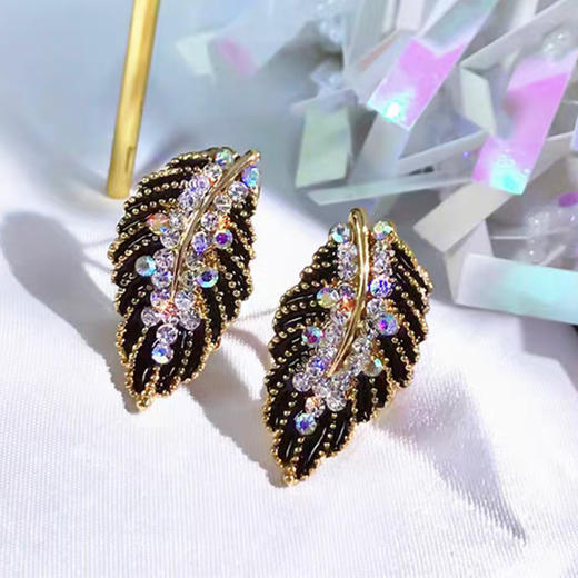 JU-F003新款黑色树叶满钻复古港风耳环清新甜美轻奢个性耳钉韩版耳饰 商品图3