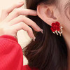 JU-C0210秋冬新款红色花朵耳环女法式气质简约甜美丝绒耳钉复古珍珠耳饰品 商品缩略图1
