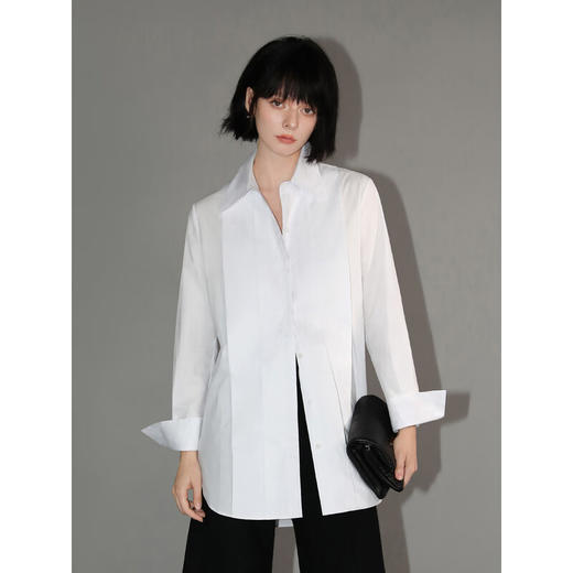 COCOBELLA新中式立体风琴褶纯棉白衬衫女秋正肩翻领衬衣SR133 商品图1