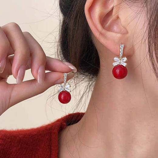 JU-A0068新款红色珍珠蝴蝶结耳环气质时尚个性简约锆石耳钉女网红耳饰 商品图0