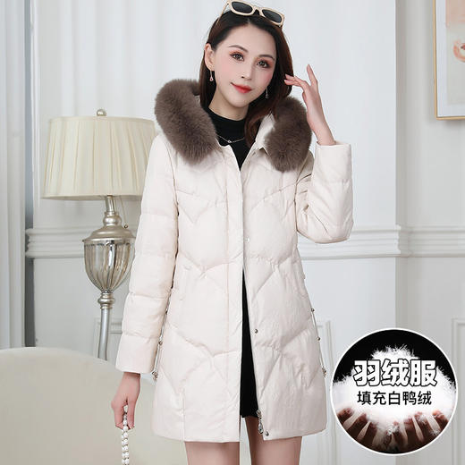 QYMXYKL-3996-L中长款修身时尚保暖羽绒服冬款长袖连帽真毛领防寒洋气白鸭绒外套 商品图0