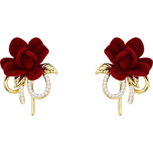 JU-C0210秋冬新款红色花朵耳环女法式气质简约甜美丝绒耳钉复古珍珠耳饰品 商品图4