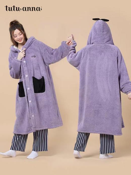 【富临店】tutuanna冬季加厚羊羔绒睡衣 加绒保暖素色小熊连帽睡袍女睡裤 商品图4