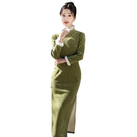 2023冬季新款加绒加厚毛领长款侧八扣中国复古风修身旗袍SJT-409 商品图4