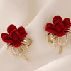 JU-C0210秋冬新款红色花朵耳环女法式气质简约甜美丝绒耳钉复古珍珠耳饰品 商品缩略图3