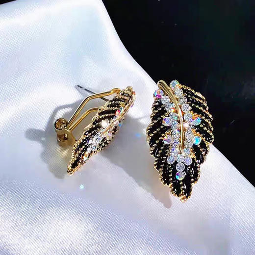 JU-F003新款黑色树叶满钻复古港风耳环清新甜美轻奢个性耳钉韩版耳饰 商品图2