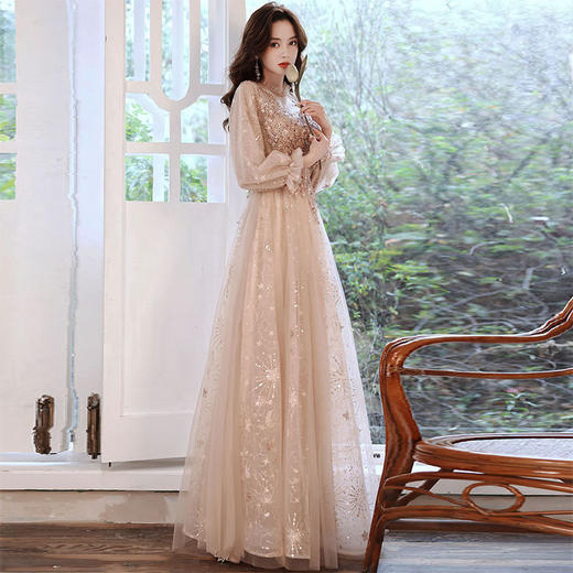 香槟色晚礼服女2023新款冬季宴会气质主持人生日闺蜜伴娘服公主裙 商品图1