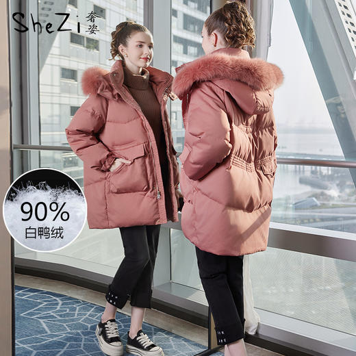 奢姿2025年冬季新款大码女装胖妹妹气质狐狸毛领连帽中长款羽绒服7334300215 商品图0