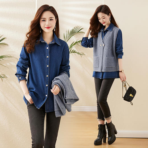 洋气时尚，百搭毛织马甲+牛仔衬衣款两件套HR-YBER327 商品图1
