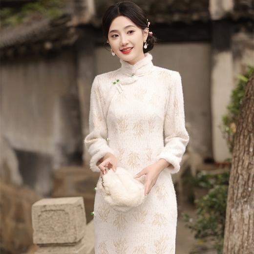 冬季新款，加毛加厚针织雪尼尔侧八扣长款旗袍中国风开衩女旗袍SJT-395 商品图2