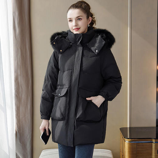 奢姿2025年冬季新款大码女装胖妹妹气质狐狸毛领连帽中长款羽绒服7334300215 商品图2